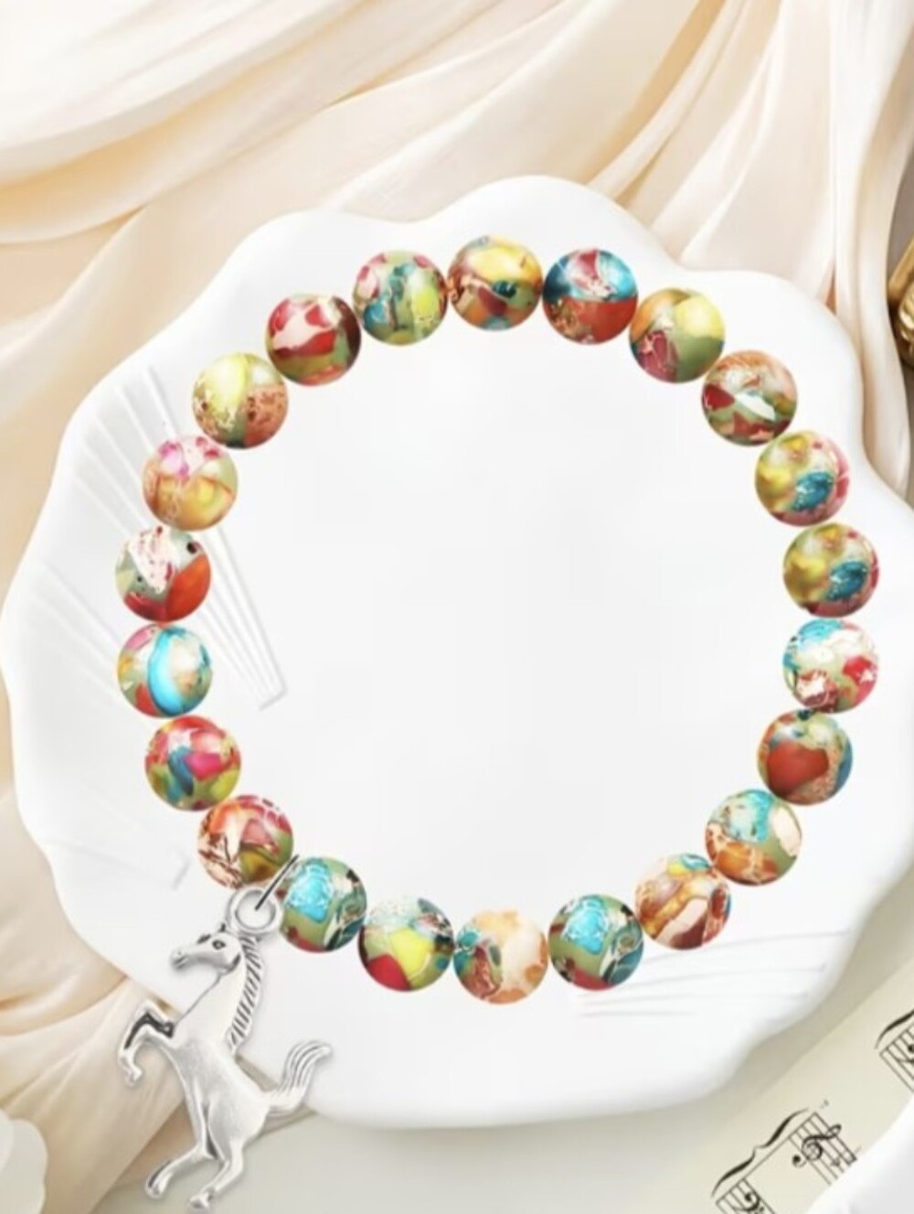 Jasper Healing Bracelet Colorful Sediment 8mm Natural Gemstone Beads &Horse Char - Picture 2 of 11